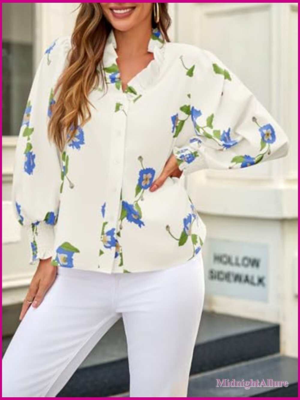 V Neck Floral Puff Sleeve Blouse Boho Button Down Shirt Dressy Casual - Picture 2 of 7